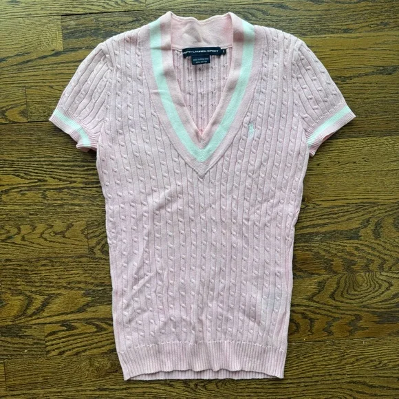Ralph Lauren Y2K Pink Cable-Knit V-Neck Short Sleeve Sweater 100% Cotton S - Picture 1 of 5